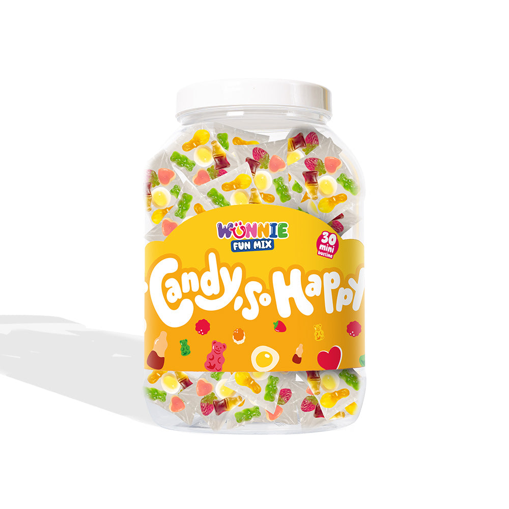 Wunnie Fun Mix, tarro con sobres individuales de caramelos gomosos en sabores surtidos (30 o 60 uds) 