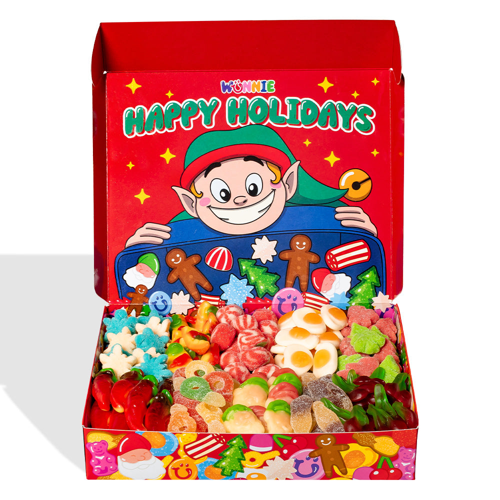 3x Wunnie box “Felices Fiestas”, 3 cajas de caramelos de goma para componer con tus sabores favoritos 