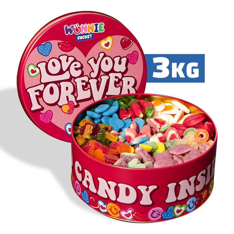 Wunnie Bucket “Love You Forever”, lata de caramelos gomosos de 3 kg para componer con los sabores preferidos de tu pareja 