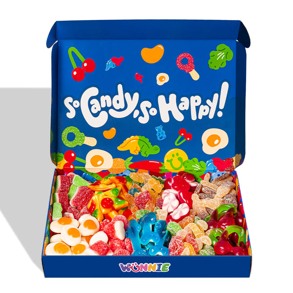 Wunnie box Blue "So Candy, So Happy", caja de caramelos gomosos para armar con tus sabores favoritos 
