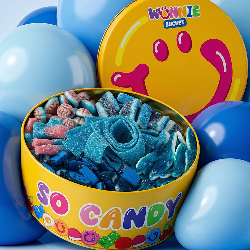 Wunnie Bucket Blue mix, latta di caramelle gommose tutte blu come delfini, lamponi, cervelli, strisce frizzanti