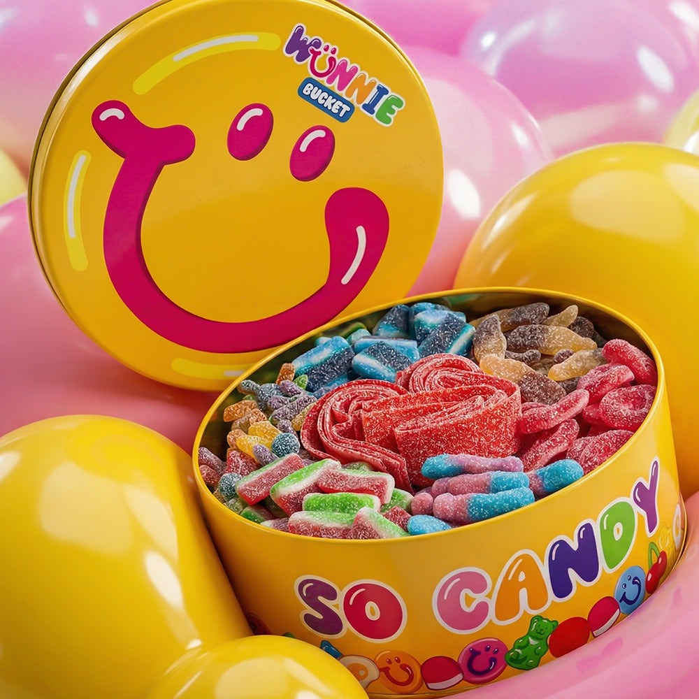Wunnie Bucket Fizzy mix con caramelle frizzanti come angurie, bottiglie cola, hoops, strisce fragola