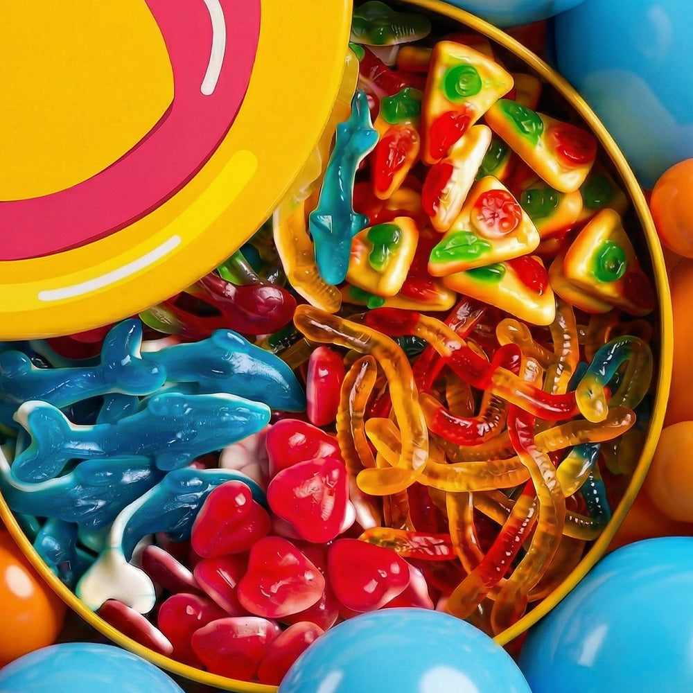 Wunnie bucket con caramelle gommose lisce: delfini, pizza, vermi, cuori e squali