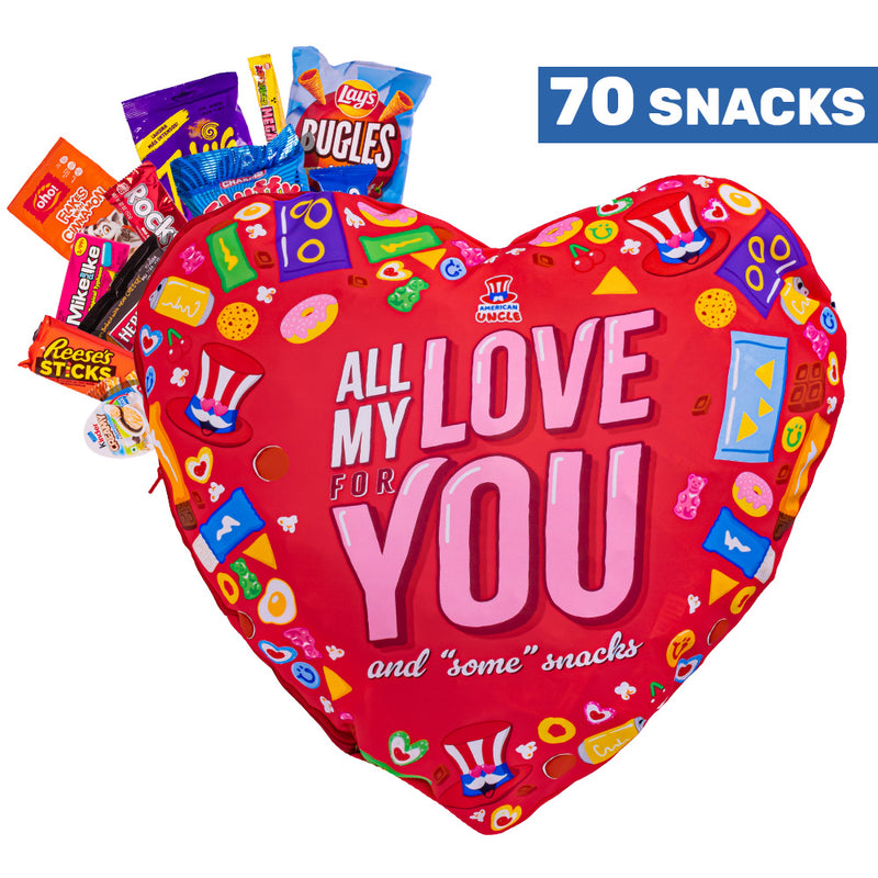 Corazón de San Valentín XXL, cojín en forma de corazón con 70 aperitivos sorpresa dulces y salados