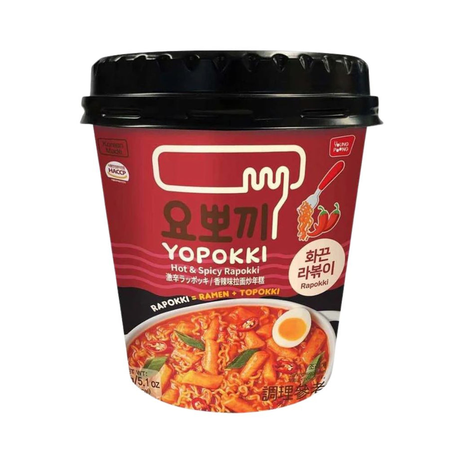 Yopokki Hot &amp; Spicy Cup Rapokki, noodles e topokki in tazza con salsa piccante e speziata da 145g.