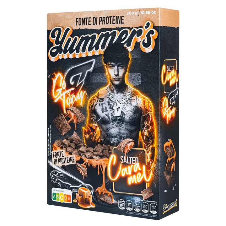 Go Tony Salted Caramel de Yummer's por Tony Effe, cereales proteicos rellenos de crema sabor caramelo salado de 300 g | EDICIÓN LIMITADA 