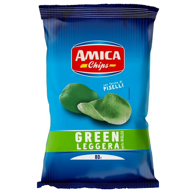 Confezione da 80g di patatine al gusto di basilico Amica Chips Green