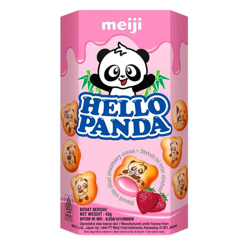 Confezione da 42g di biscotti ripieni di crema alla fragola Meiji hello panda strawberry