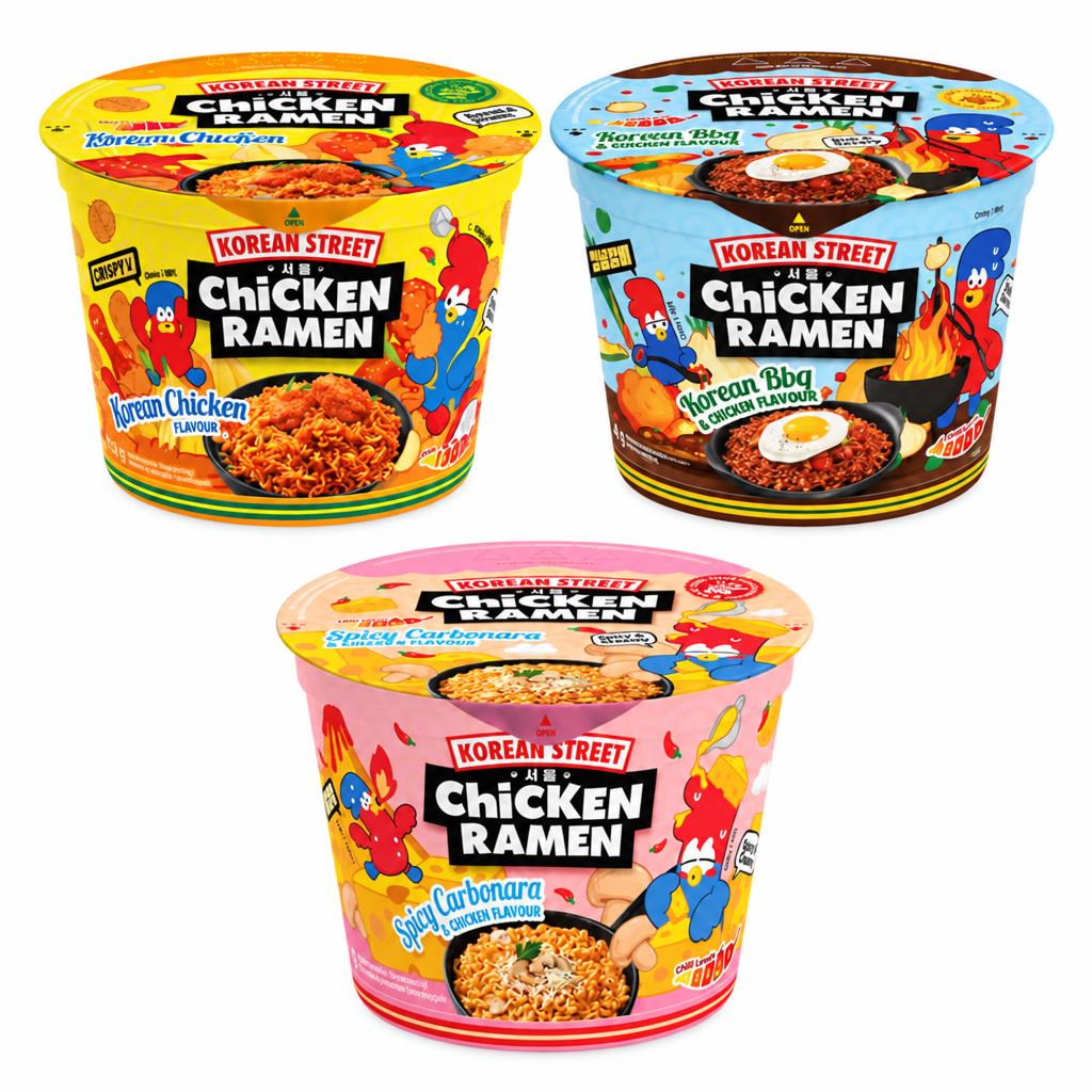 Korean Street Kit, 3 fideos al gusto de pollo coreano, bbq coreano y carbonara picante