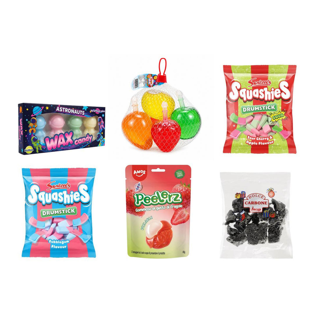 Paquete, 6 caramelos con sabor a cera líquida, fruta líquida, cereza y manzana, chicle, fresa y carbón dulce