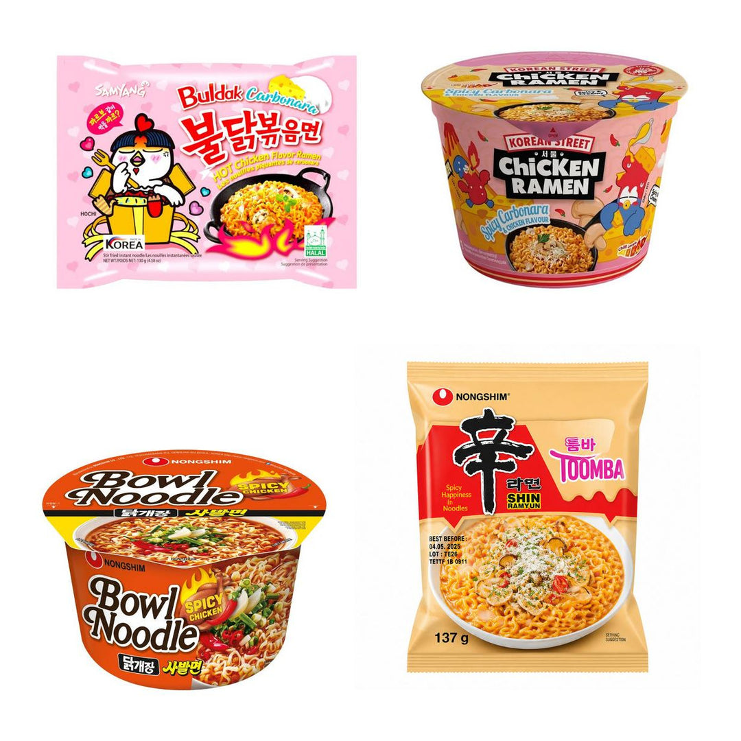 Noodles Kit, 4 fideos instantáneos con sabor a carbonara hot chicken, carbonara picante, pollo picante y queso picante