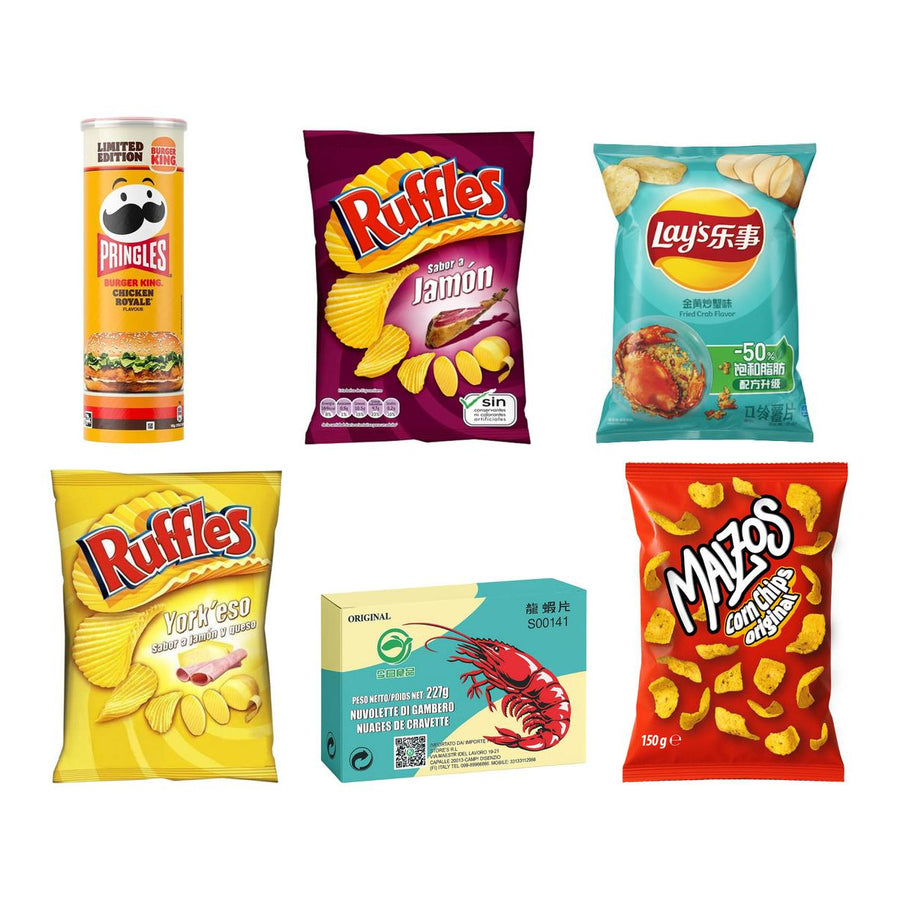 Kit Patatas fritas y chips, 6 patatas con sabor Chicken Royale, jamón, cangrejo, queso y jamón, gambas y original