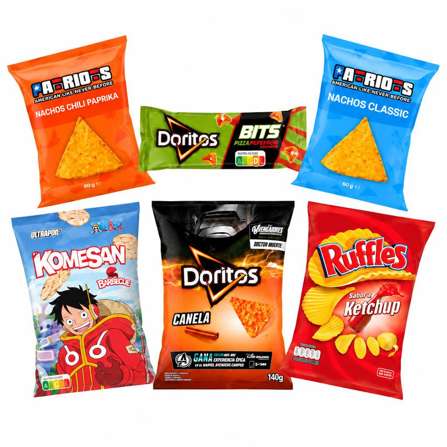 Patatine e chips Box, 6 snack al gusto paprika, pizza pepperoni, classico, barbecue, cannella e ketchup