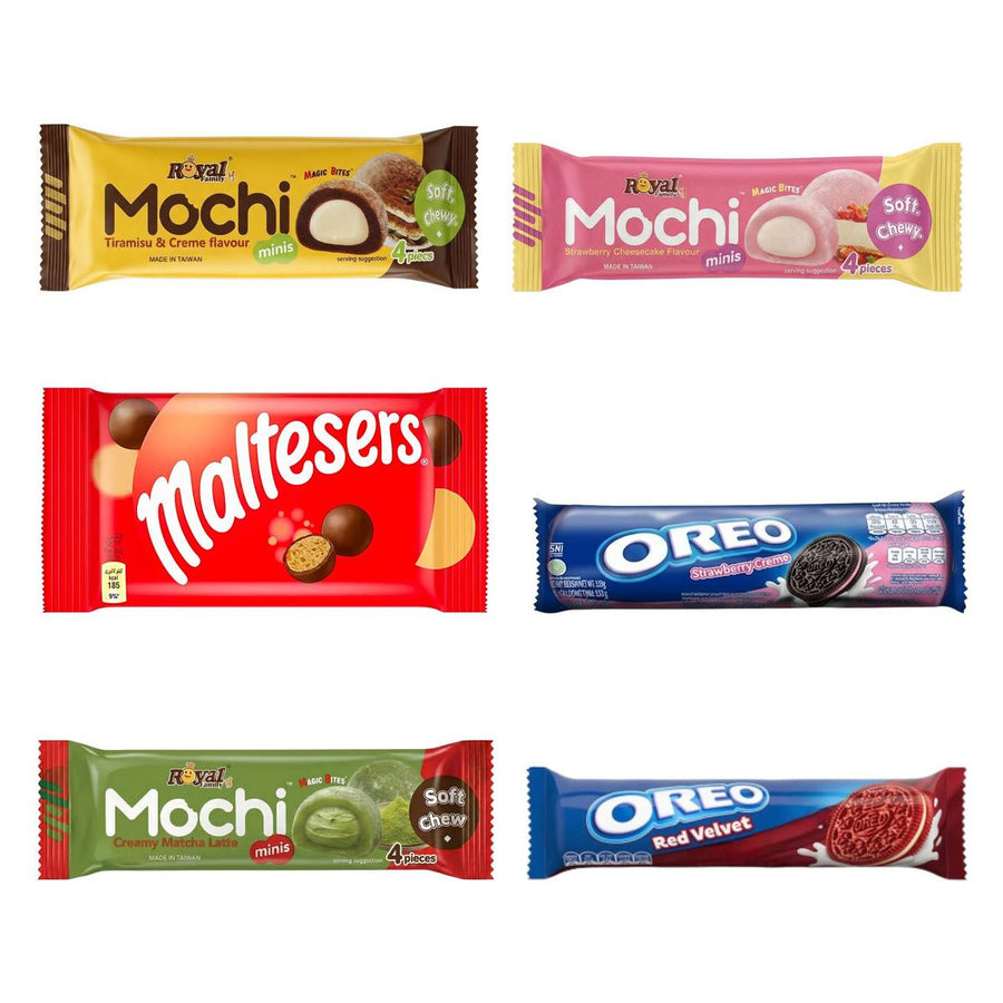 Snack dulces Bundle, 6 snack dulces con sabor a tiramisú, tarta de queso de fresa, chocolate con leche, fresa, matcha latte y red velvet