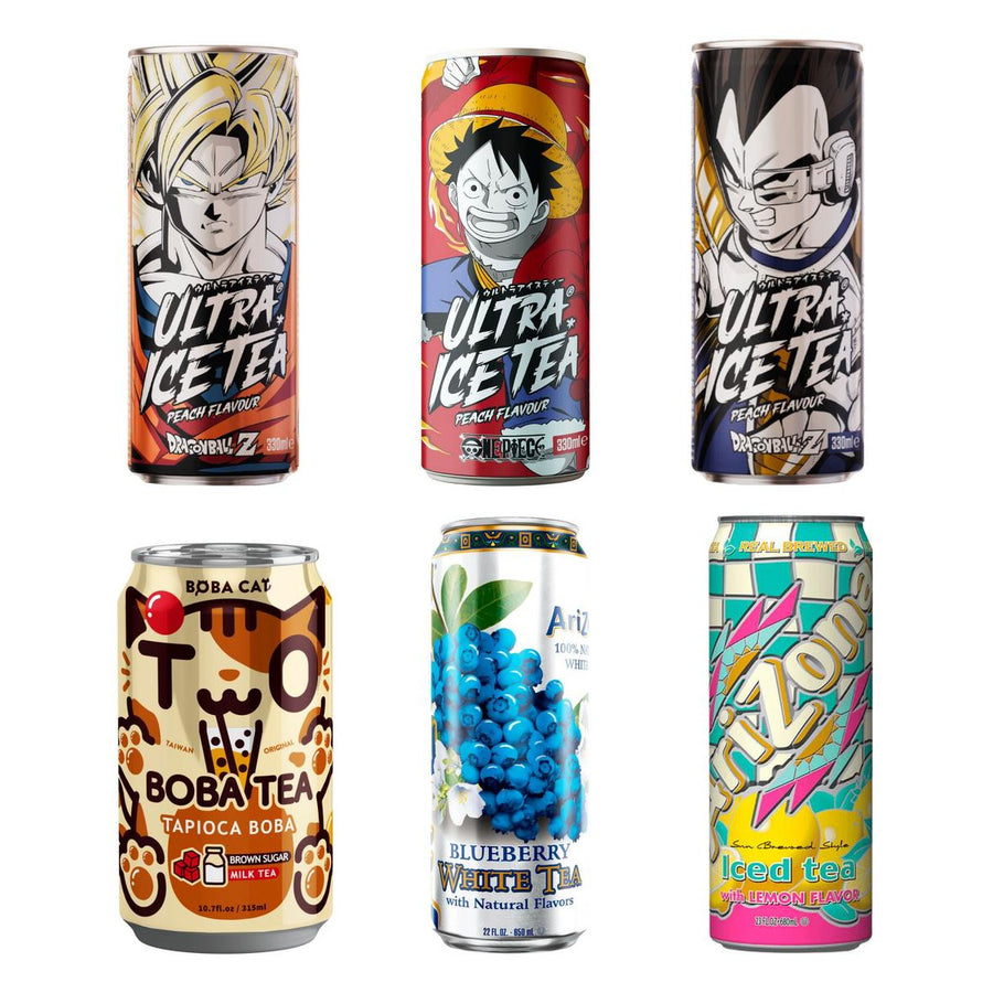 Tè Box, 6 tés fríos y bubble tea con sabor a melocotón (Goku, Luffy, Vegeta), brown sugar milk tea, arándano y limón