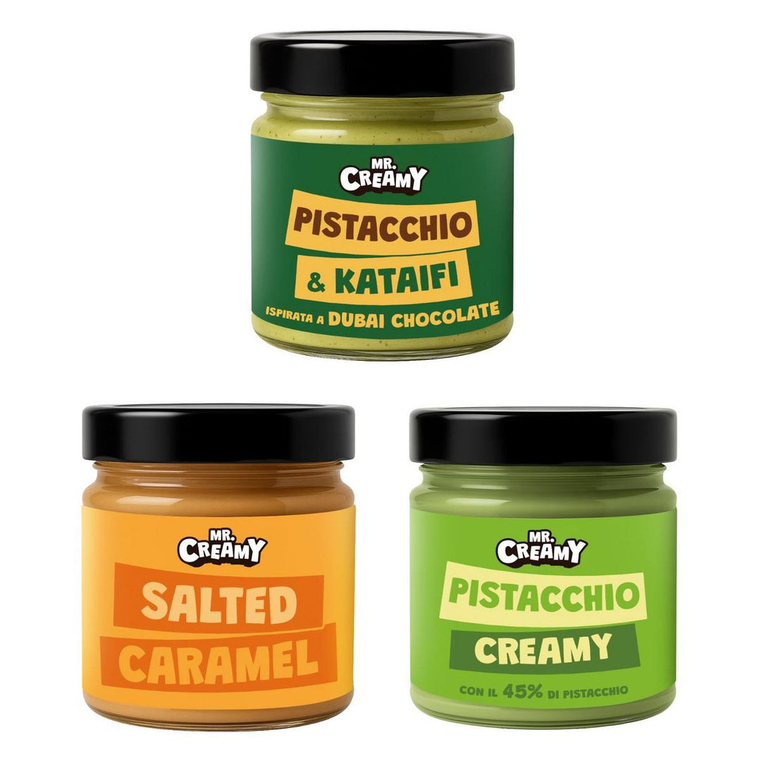 Mr. Creamy Kit, 3 cremas untables sabor pistacho &amp; kataifi, salted caramel y pistacho creamy