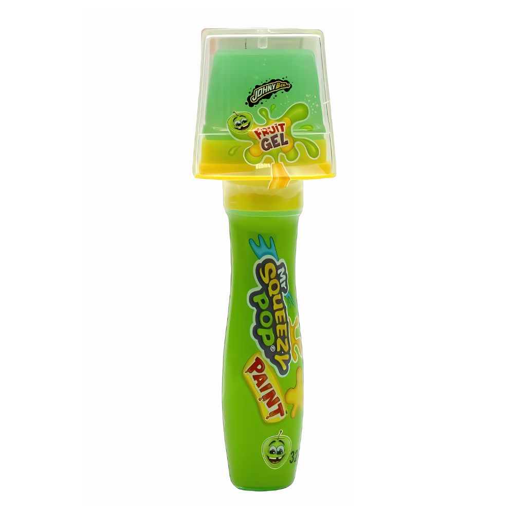 Johny Bee Mr Squeezy Pop Paint Green Apple, piruleta y caramelo líquido con sabor a manzana verde de 32g 