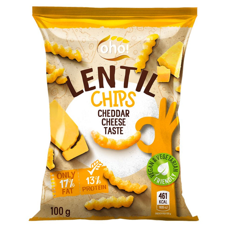 Confezione da 100g di chips di lenticchie al formaggio Oho Lentil Chips Cheedar Cheese