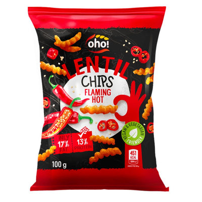 Confezione da 100g di chips di lenticchie Oho Lentil Chips Flaming Hot