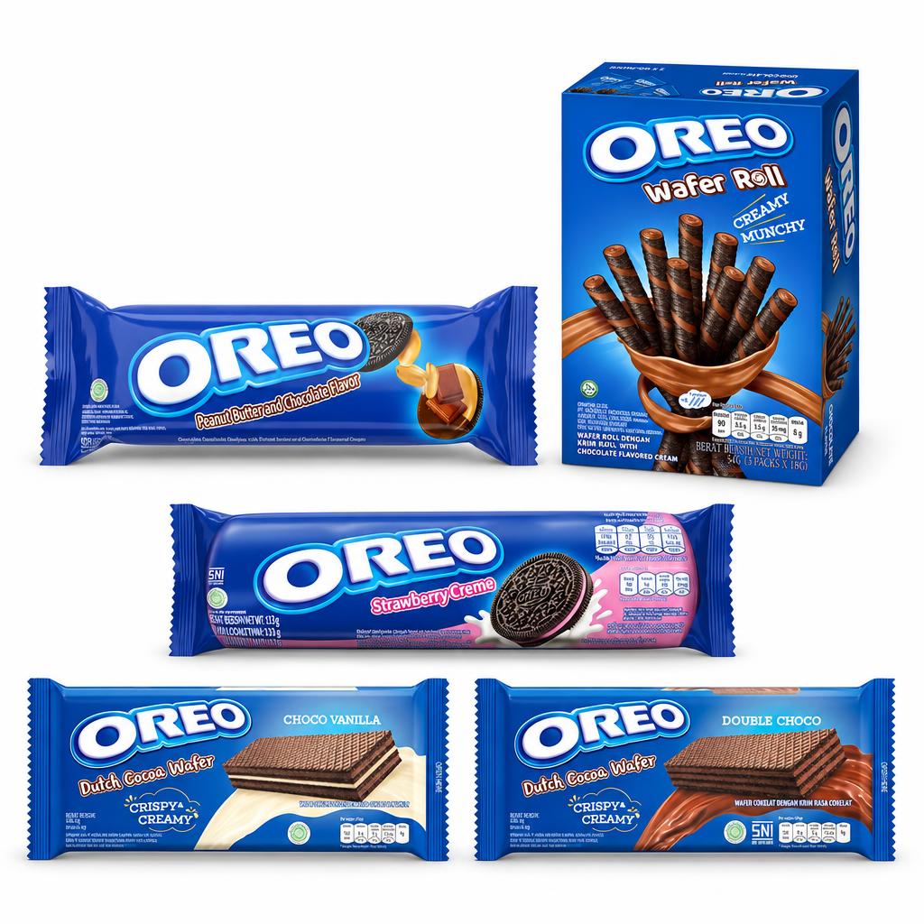 Oreo Kit, 5 galletas y barquillos con sabor a mantequilla de cacahuete, rollo de chocolate, fresa, cacao vainilla y doble chocolate
