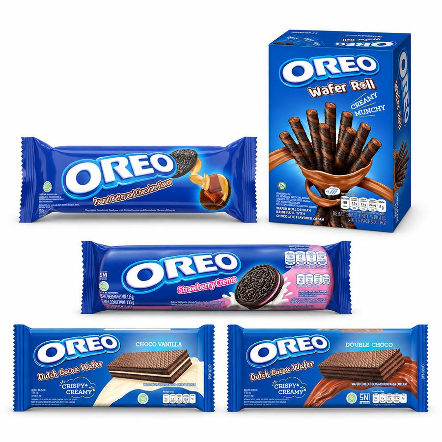 Oreo Kit, 5 galletas y barquillos con sabor a mantequilla de cacahuete, rollo de chocolate, fresa, cacao vainilla y doble chocolate