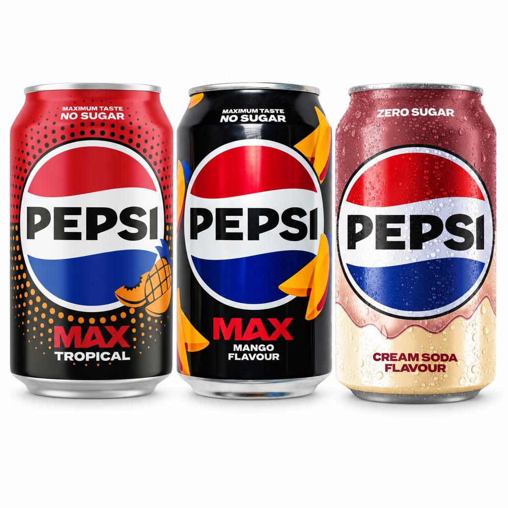 Pepsi Kit, 3 bebidas gaseosas con sabor a fruta tropical, mango y cola y vainilla