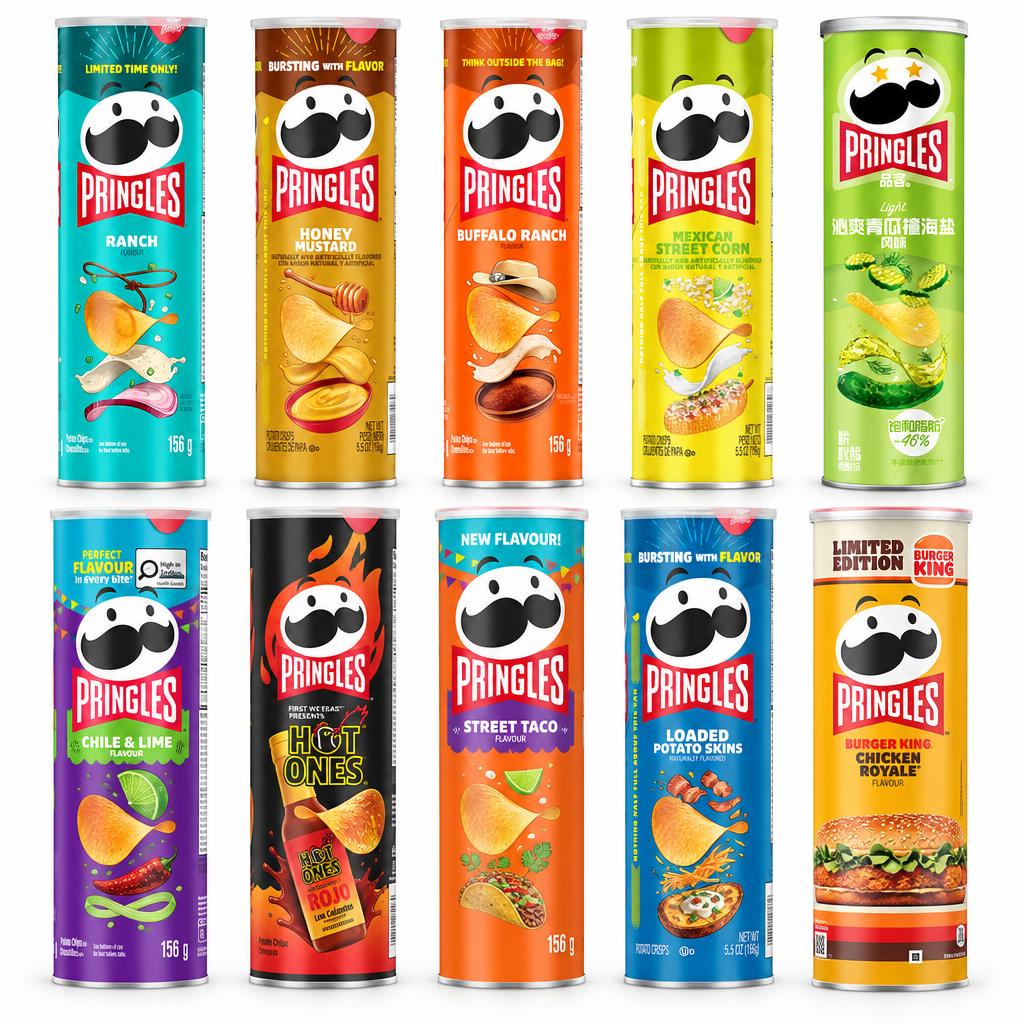 Pringles Kit, 10 patatas fritas de varios sabores: ranch, honey mustard, buffalo ranch, etc.