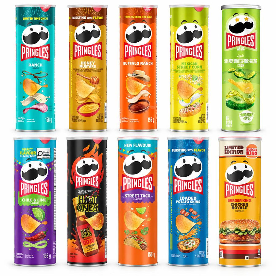 Pringles Kit, 10 patatas fritas de varios sabores: ranch, honey mustard, buffalo ranch, etc.