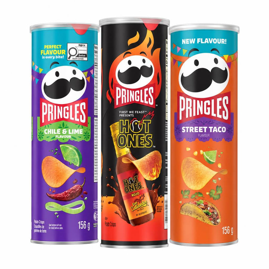 Pringles Kit, 3 patatas fritas sabor chile y lima, Hot Ones Los Calientes Rojo y Street Taco