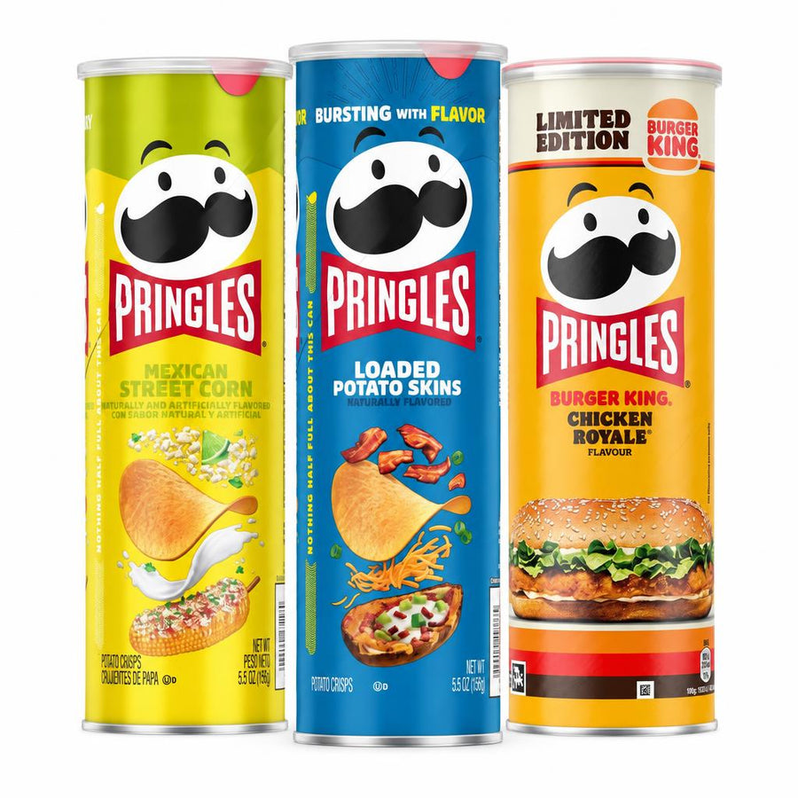 Pringles Kit, 3 patatas fritas con sabor a mazorca de maíz a la parrilla con queso y lima, bacon y crema agria y Chicken Royale