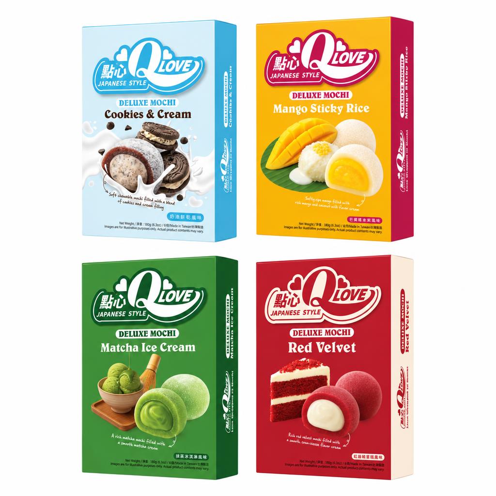 Qlove Kit, 4 mochi sabor cookies and cream, mango y coco, matcha y red velvet