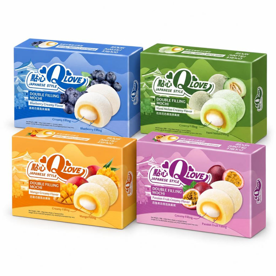 Qlove Kit, 4 mochi con sabor a arándano, melón, mango y fruta de la pasión