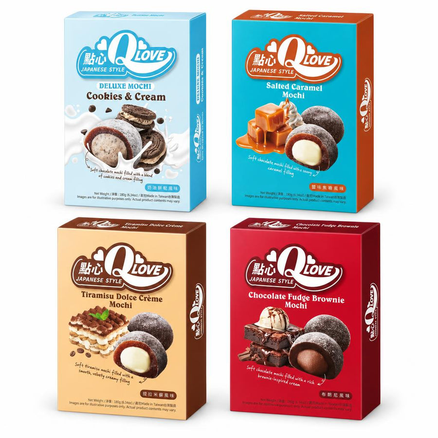 QLove Kit, 4 mochi de sabor cookies and cream, caramelo salado, tiramisú y brownie