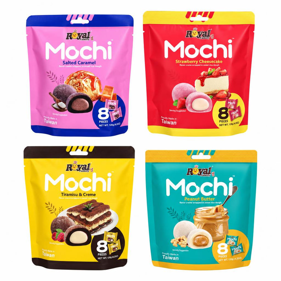 Family Foods Kit, 4 mochi con sabor a caramelo salado, cheesecake de fresa, tiramisú y mantequilla de cacahuete