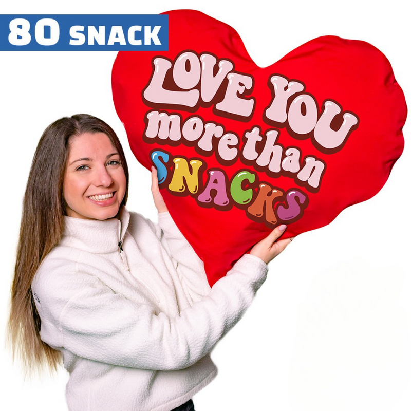 Valentine’s Heart XXL, cojín en forma de corazón con 80 snack dulces y salados sorpresa 