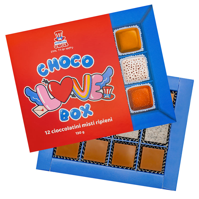 Choco Love Box, caja de 12 bombones surtidos rellenos de mantequilla de cacahuete, toffee y cookies & cream de 130g.