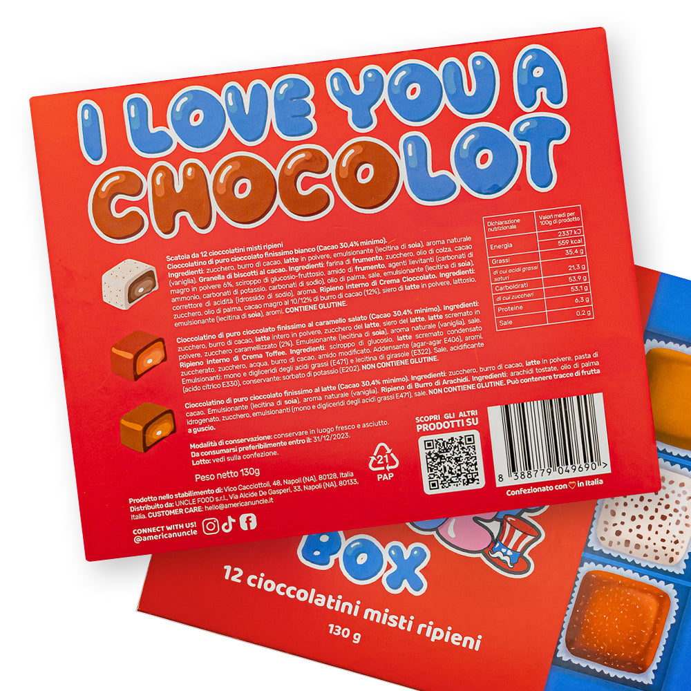 Choco Love Box, caja de 12 bombones surtidos rellenos de mantequilla de maní, toffee y cookies & cream de 130g 