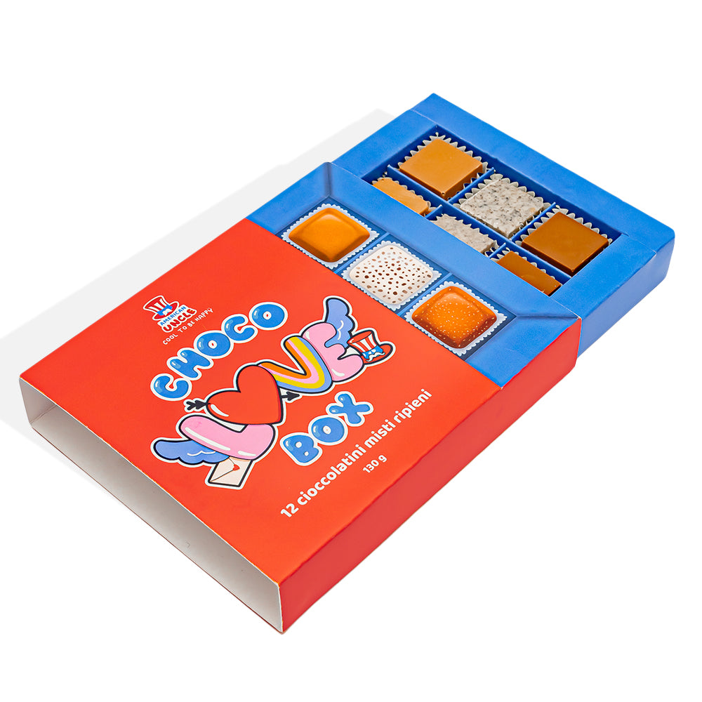 Choco Love Box, caja de 12 bombones surtidos rellenos de mantequilla de maní, toffee y cookies & cream de 130g 
