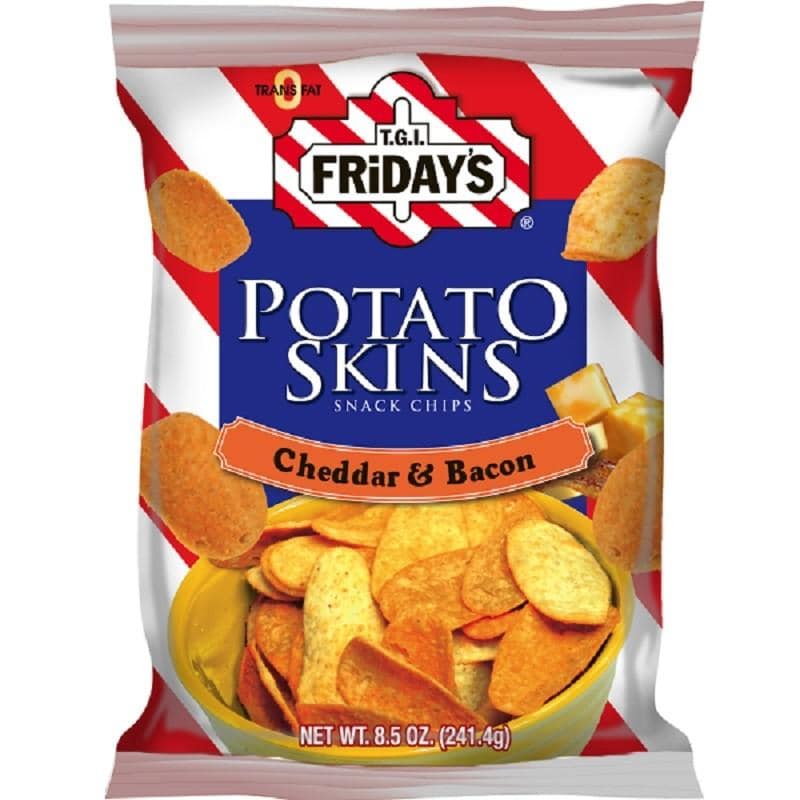 TGI Fridays Potato Skins Cheddar and Bacon, patatine al cheddar e bacon da 49.7g (1954226733153)