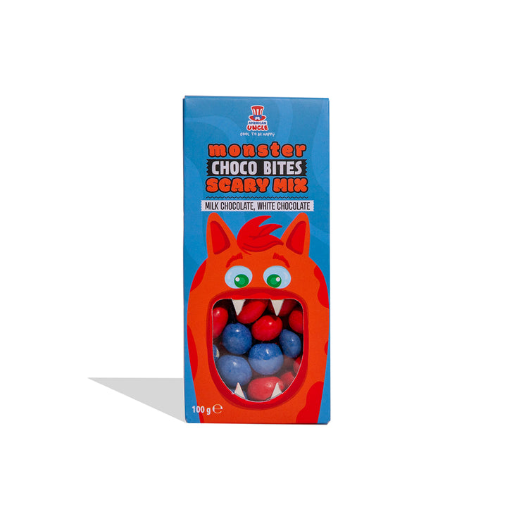 Monster Choco Bites Scary mix, cacahuetes tostados cubiertos de chocolate con leche y chocolate blanco de 100g 