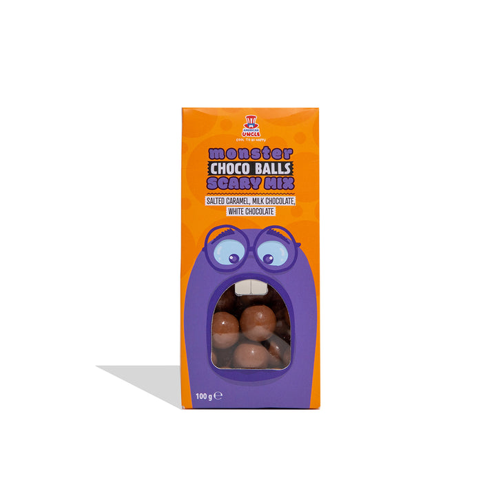 Monster Choco Balls Scary mix, bombones de chocolate con leche rellenos de chocolate blanco, caramelo salado y chocolate con leche de 100g 