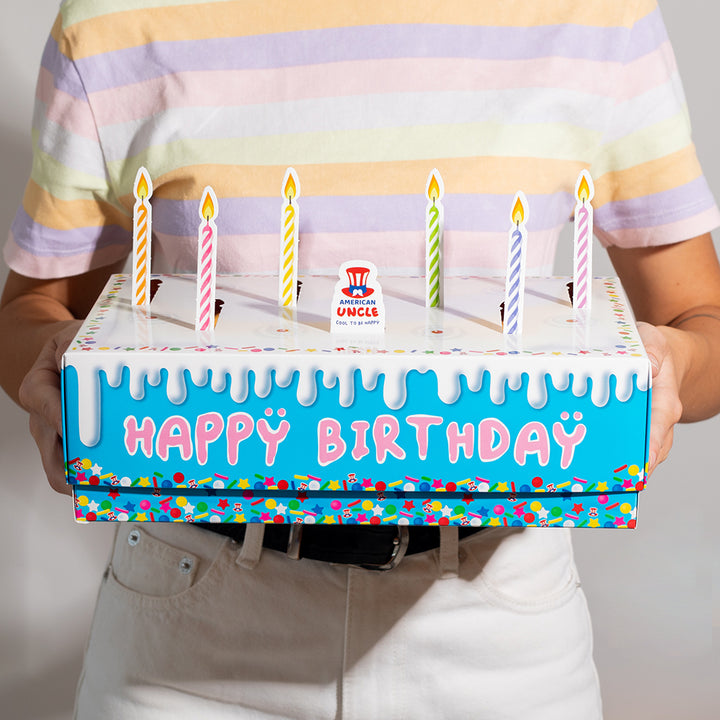 Birthday box, caja con forma de pastel de cumpleaños de 15 snack dulces y salados 