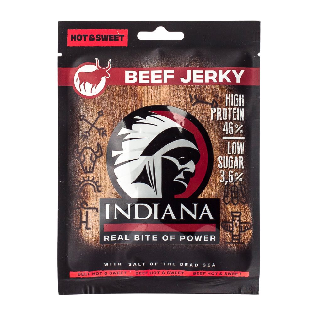 Beef Jerky Indiana Hot&Sweet, carne seca dulce y picante de 25g 