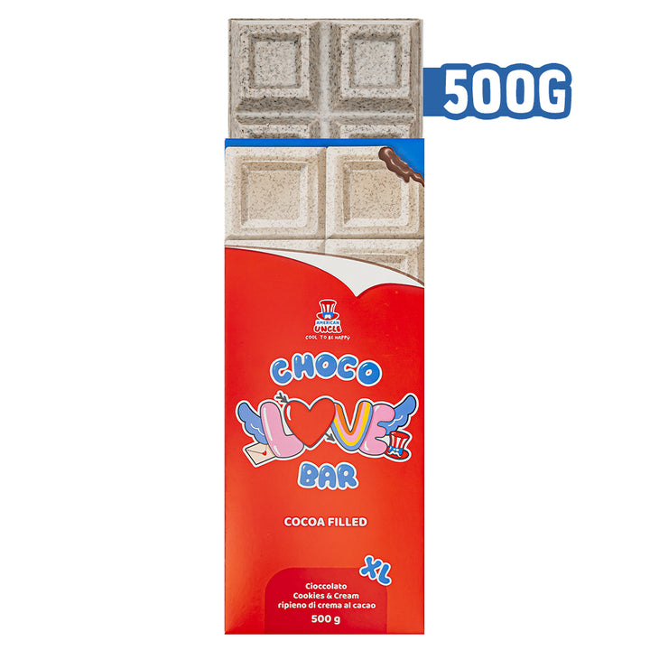 XL Cocoa filled Choco Love Bar, chocolate Cookies & Cream relleno de crema de cacao de 500g 