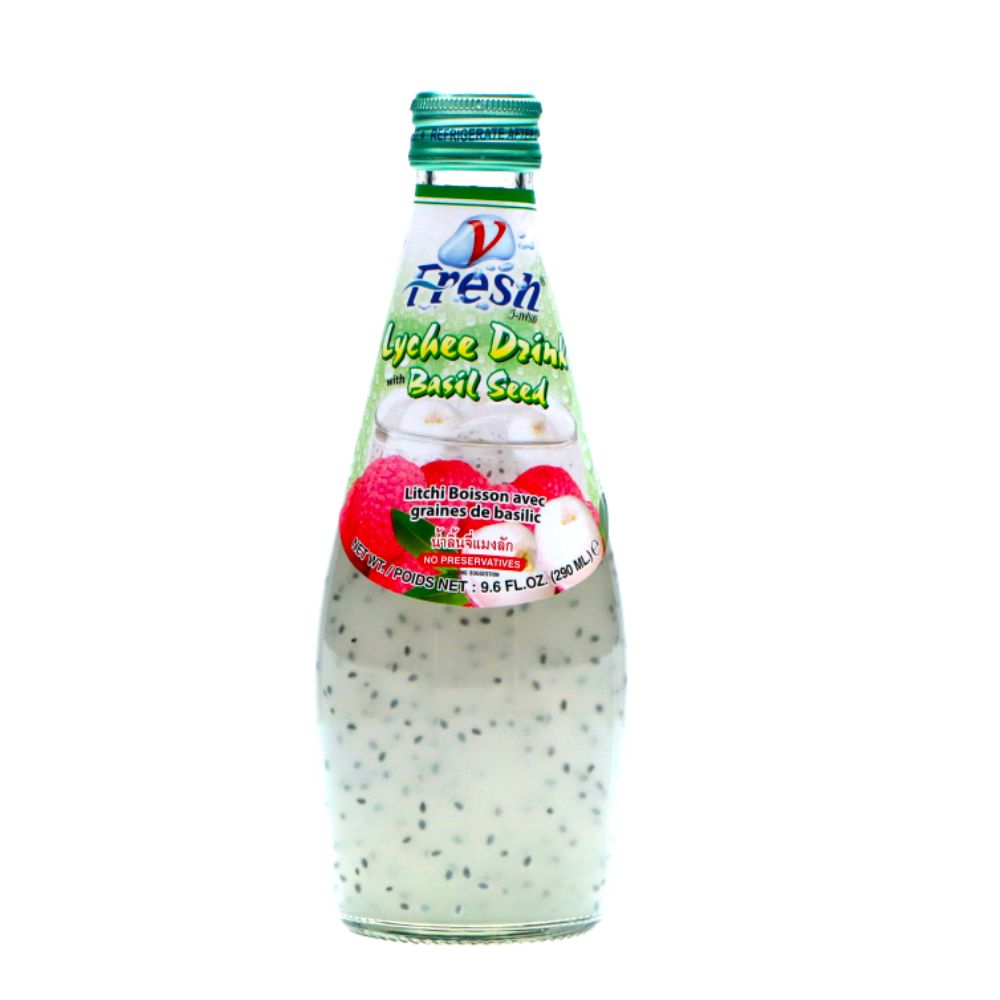 Fresh Lychee Tea Drink with Basil Seed, té verde tailandés con sabor a lichi con semillas de albahaca de 290ml 