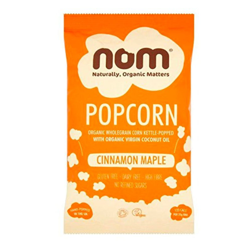 Confezione da 25g di pop corn al gusto di acero e cannella NomNom Organic Popcorn Cinnamon Maple 