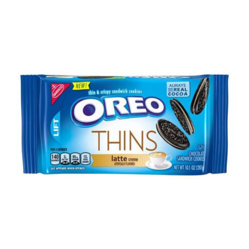 Oreo Thins Latte Creme, confezione di biscotti farciti con crema al cappuccino da 287g (4203635277921)
