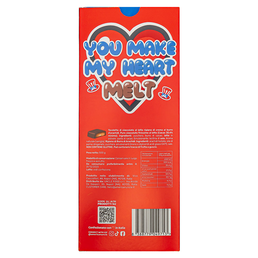 XL Peanut Butter filled Choco Love Bar, chocolate con leche relleno de crema de mantequilla de maní de 500g 
