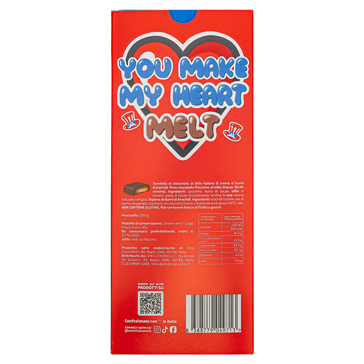 XL Peanut Butter filled Choco Love Bar, chocolate con leche relleno de crema de mantequilla de maní de 500g 
