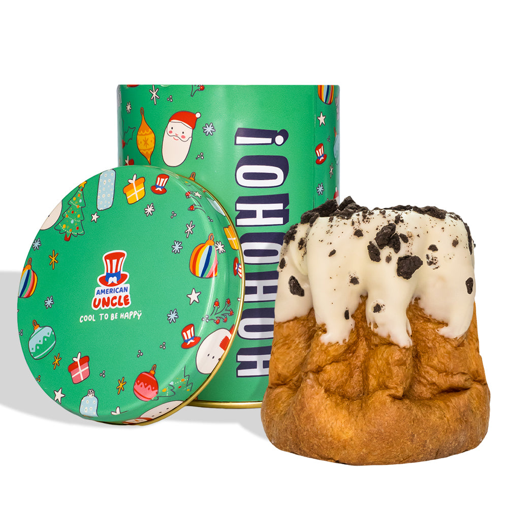 Pandoro artesanal Cookies & Cream de 200g, cobertura y relleno de chocolate blanco con trozos de galleta 